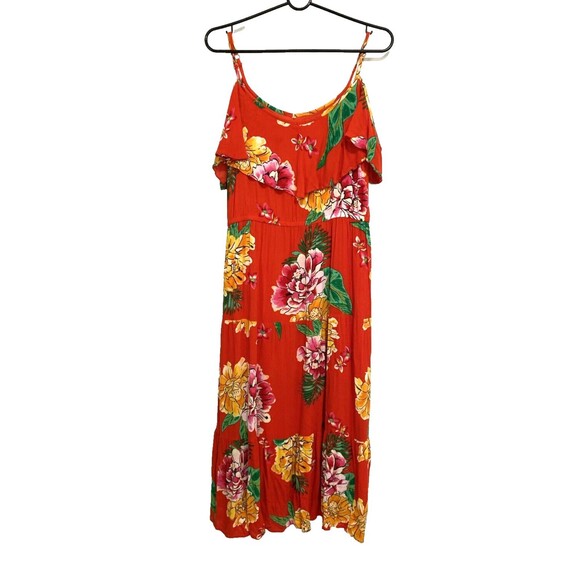 Old Navy Cold Shoulder Midi Dress Size L Orange Floral Print Ruffle Adjustable - Picture 2 of 12